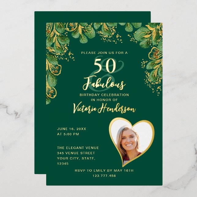 Emerald Green & Gold 50 & Fabulous Birthday Foil Invitation (Front/Back)