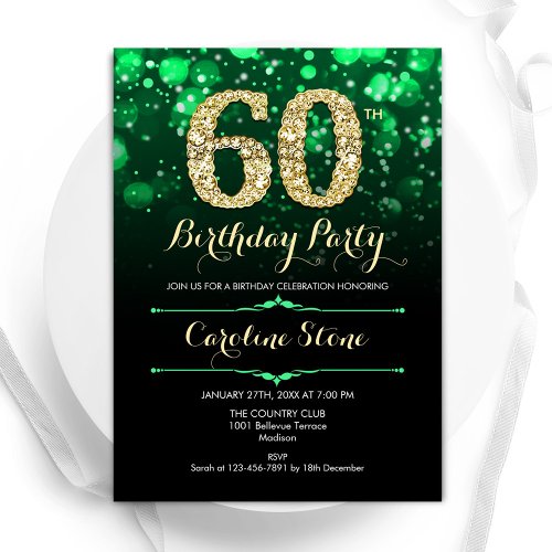Emerald Green Gold 60th Birthday Invitation