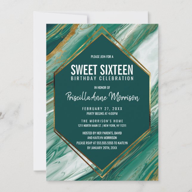 Emerald Green Gold Abstract Agate Marble Sweet 16 Invitation (Front)