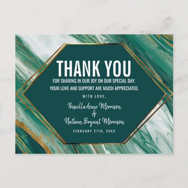 Emerald Green Gold Abstract Agate Marble Thank You Postcard (Front)