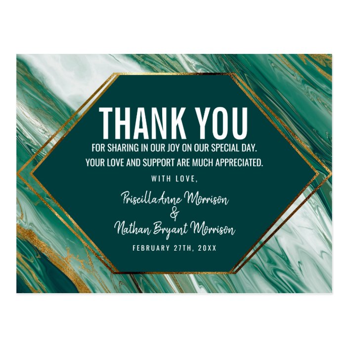 Emerald Green Gold Abstract Agate Marble Thank You Postcard | Zazzle.com