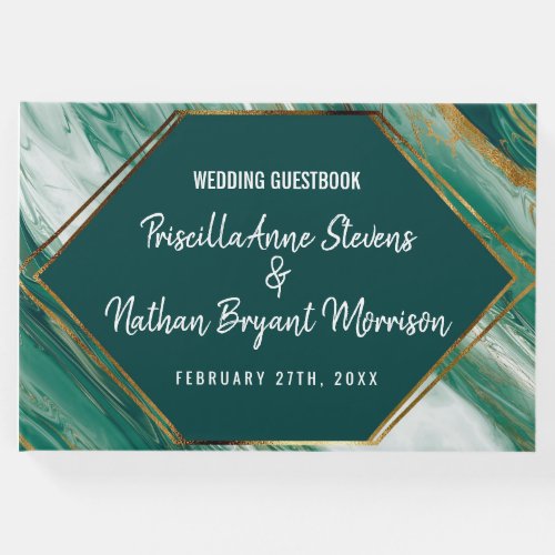 Emerald Green Gold Abstract Agate Marble Wedding Guest Book
