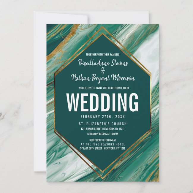 Emerald Green Gold Abstract Agate Marble Wedding Invitation