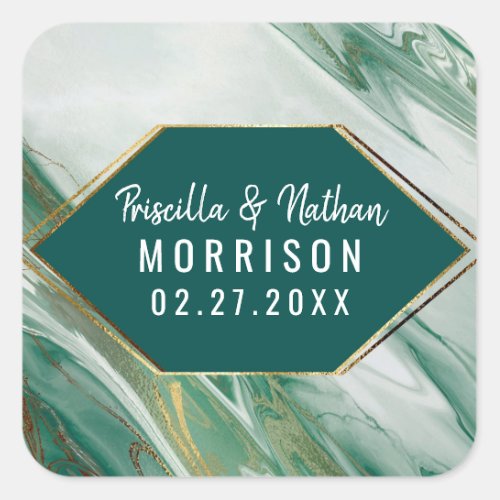 Emerald Green Gold Abstract Agate Marble Wedding Square Sticker