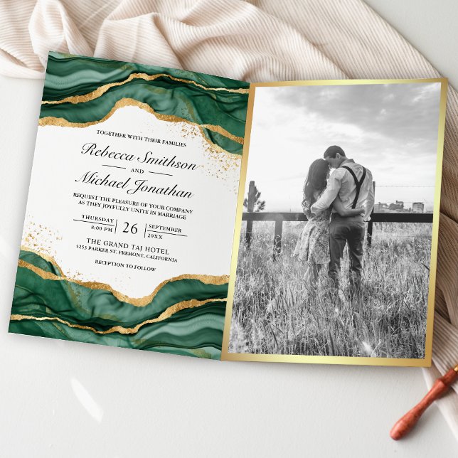 Emerald Green Gold Abstract Ink QR Code Wedding Invitation (Creator Uploaded)