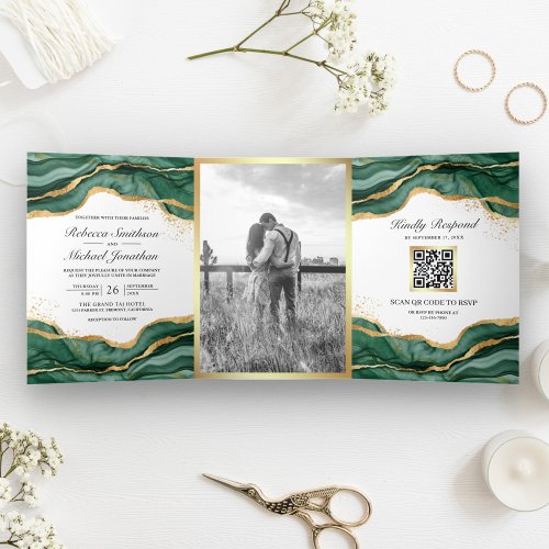 Emerald Green Gold Abstract Ink QR Code Wedding Tri_Fold Invitation