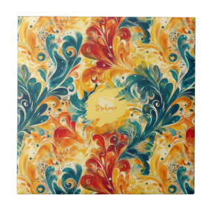 Emerald Green & Gold Abstract Paisley Leaves (3) Ceramic Tile
