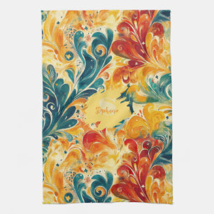 Emerald Green & Gold Abstract Paisley Leaves (3) Kitchen Towel