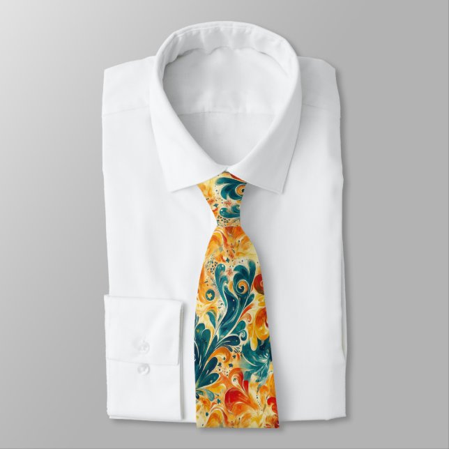 Emerald Green & Gold Abstract Paisley Leaves (3) Neck Tie (Tied)