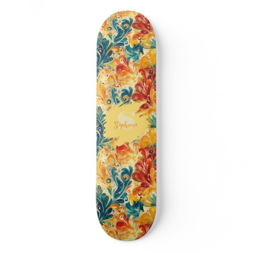 Emerald Green &amp; Gold Abstract Paisley Leaves (3) Skateboard