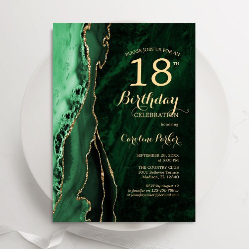 Emerald Green Gold Agate 18th Birthday Invitation