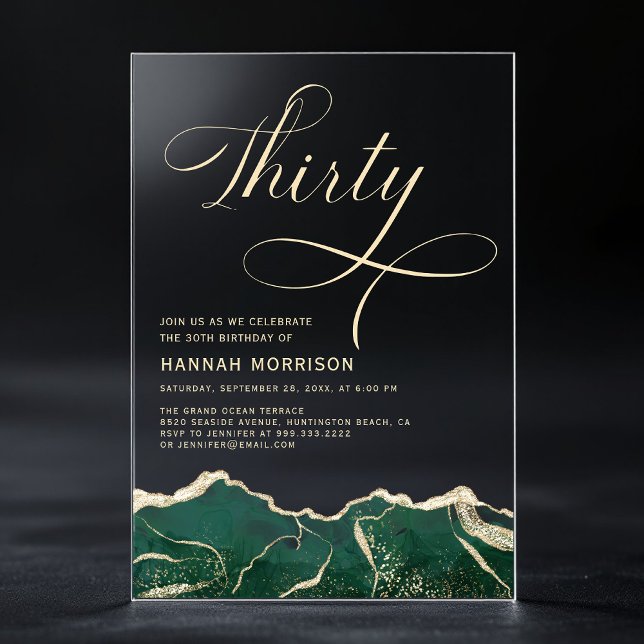 Emerald Green Gold Agate 30th Forty Birthday Acrylic Invitations (Creator Uploaded)