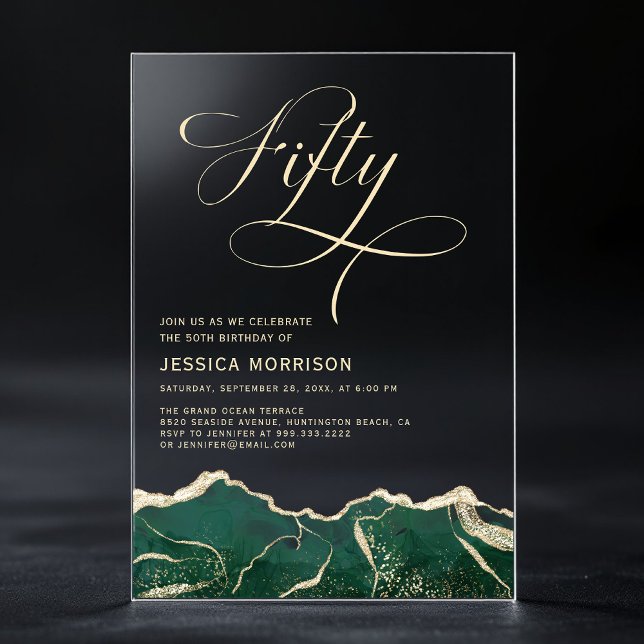 Emerald Green Gold Agate 50th Fifty Birthday Party Acrylic Invitations (Creator Uploaded)