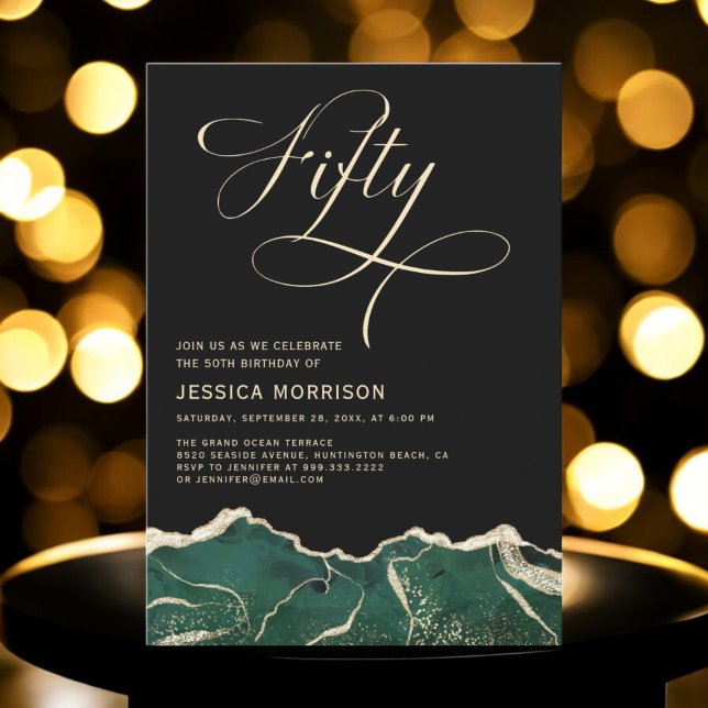 Emerald Green Gold Agate 50th Fifty Birthday Party Invitation (Creator Uploaded)