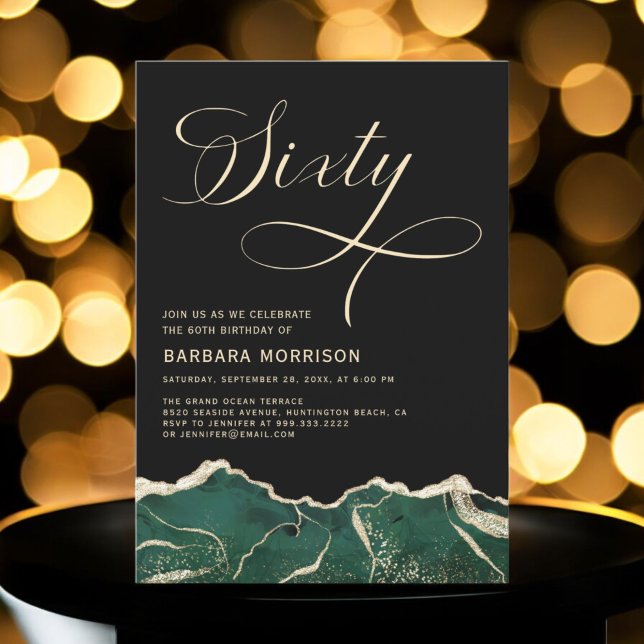 Emerald Green Gold Agate 60th Sixty Birthday Party Invitation (Creator Uploaded)