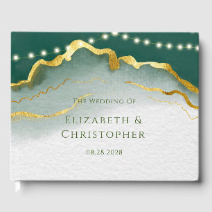 Emerald Green Gold Agate and Lights Wedding Guest Book