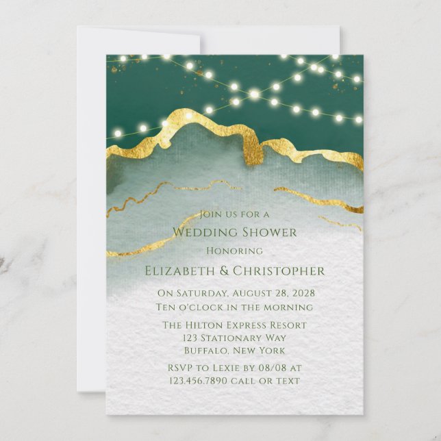 Emerald Green Gold Agate and Lights Wedding Shower Invitation (Front)