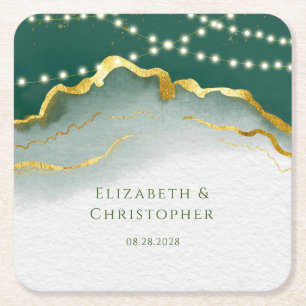 Emerald Green Gold Agate and Lights Wedding Square Paper Coaster