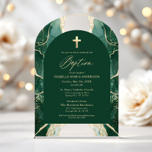Emerald Green Gold Agate Baptism Modern Elegant Acrylic Invitations