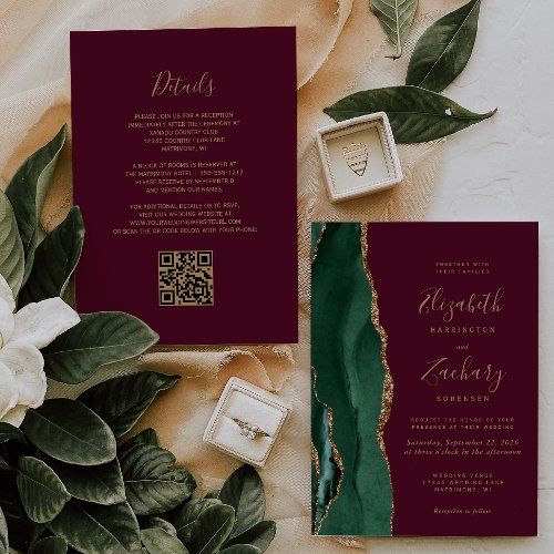 Emerald Green Gold Agate Burgundy QR Code Wedding Invitation