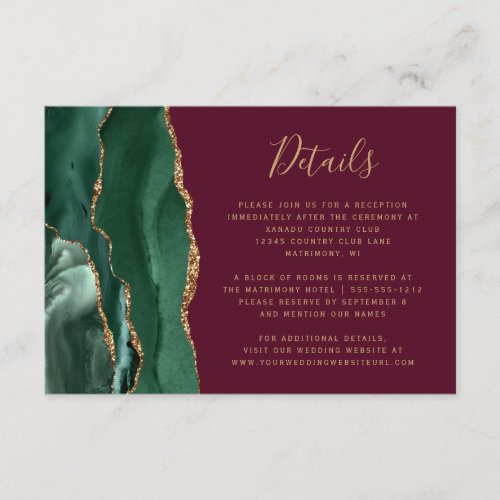 Emerald Green Gold Agate Burgundy Wedding Details Enclosure Card
