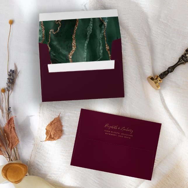 Emerald Green Gold Agate Burgundy Wedding Envelope (Creator Uploaded)