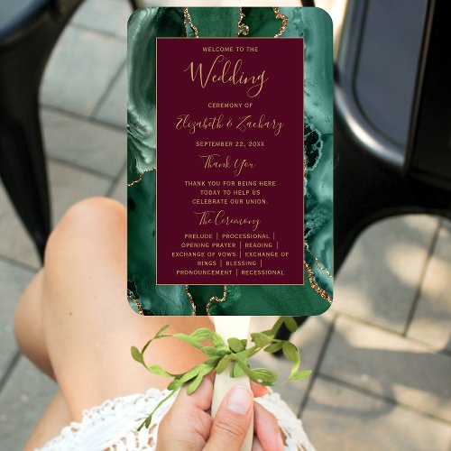 Emerald Green Gold Agate Burgundy Wedding Program Hand Fan