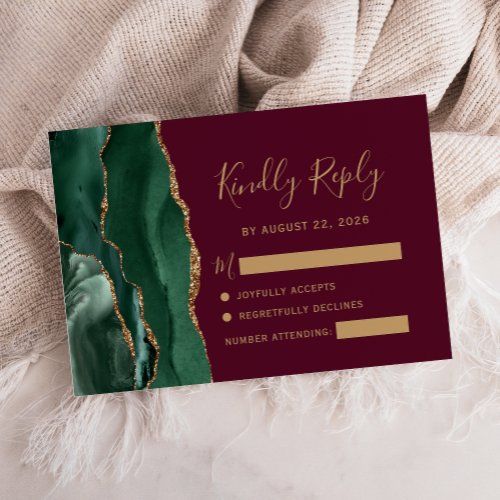 Emerald Green Gold Agate Burgundy Wedding RSVP Card