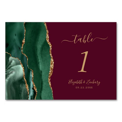 Emerald Green Gold Agate Burgundy Wedding Table Number