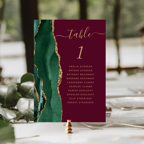 Emerald Green Gold Agate Burgundy Wedding Table Number