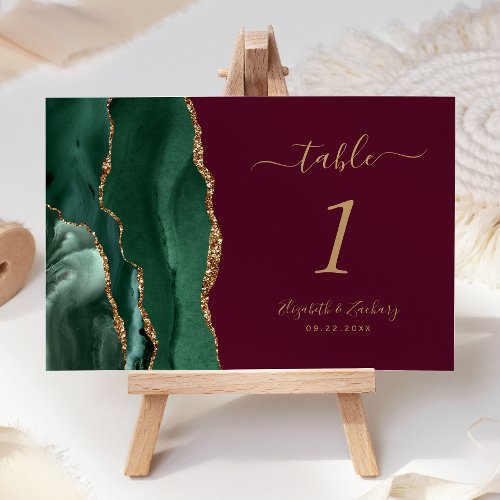 Emerald Green Gold Agate Burgundy Wedding Table Number