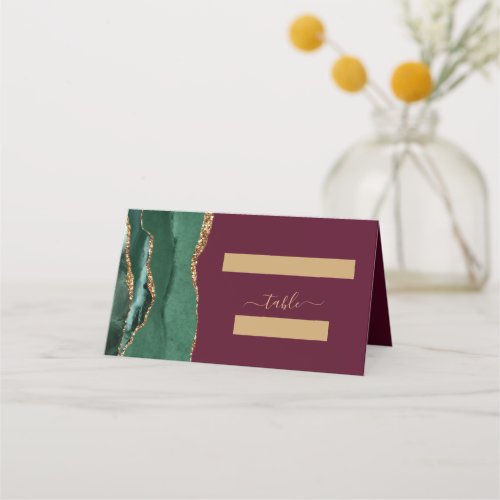 Emerald Green Gold Agate Burgundy Wedding Table Place Card