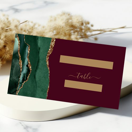 Emerald Green Gold Agate Burgundy Wedding Table Place Card