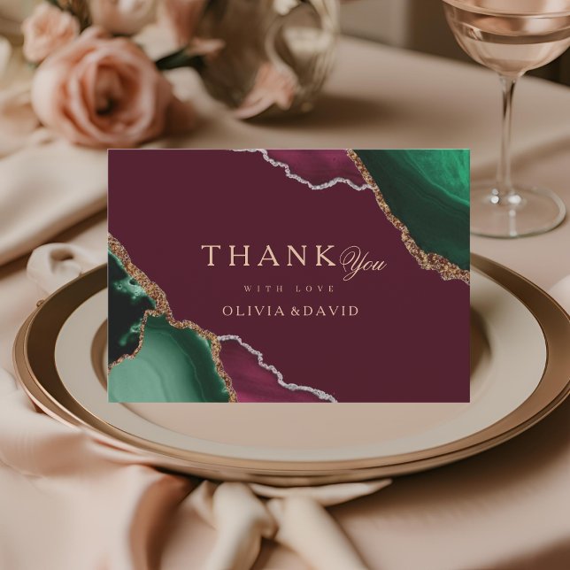 Emerald Green Gold Agate Burgundy Wedding Thank You Card (Creator Uploaded)