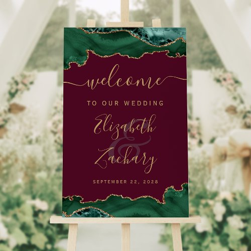 Emerald Green Gold Agate Burgundy Wedding Welcome Foam Board