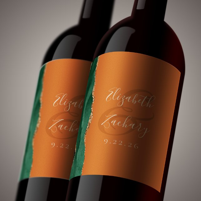 Emerald Green Gold Agate Burnt Orange Wedding Wine Label (Creator Uploaded)