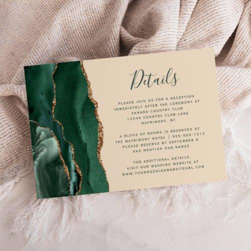 Emerald Green Gold Agate Champagne Wedding Details Enclosure Card