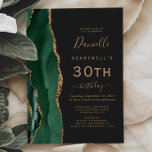 Emerald Green Gold Agate Dark 30th Birthday Party Invitation<br><div class="desc">The left-hand edge of this elegant modern 30th birthday party invitation features an emerald green watercolor agate border trimmed with gold faux glitter. The customizable text combines gold-colored handwriting,  copperplate and italic fonts on a slate black background. The reverse side features a matching emerald green and gold agate design.</div>