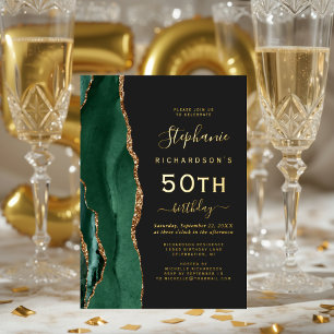 Emerald Green Gold Agate Dark 50th Birthday Party Foil Invitation
