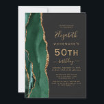 Emerald Green Gold Agate Dark 50th Birthday Party Invitation<br><div class="desc">The left-hand edge of this elegant modern birthday party invitation features an emerald green watercolor agate border trimmed with gold faux glitter. The customizable text combines gold-colored handwriting,  copperplate and italic fonts on a slate black background. The reverse side features a matching emerald green and gold agate design.</div>