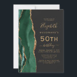 Emerald Green Gold Agate Dark 50th Birthday Party Invitation<br><div class="desc">The left-hand edge of this elegant modern birthday party invitation features an emerald green watercolor agate border trimmed with gold faux glitter. The customizable text combines gold-colored handwriting,  copperplate and italic fonts on a slate black background. The reverse side features a matching emerald green and gold agate design.</div>
