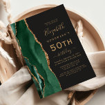Emerald Green Gold Agate Dark 50th Birthday Party Invitation<br><div class="desc">The left-hand edge of this elegant modern birthday party invitation features an emerald green watercolor agate border trimmed with gold faux glitter. The customizable text combines gold-colored handwriting,  copperplate and italic fonts on a slate black background. The reverse side features a matching emerald green and gold agate design.</div>