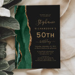 Emerald Green Gold Agate Dark 50th Birthday Party Invitation<br><div class="desc">The left-hand edge of this elegant modern birthday party invitation features an emerald green watercolor agate border trimmed with gold faux glitter. The customizable text combines gold-colored handwriting,  copperplate and italic fonts on a slate black background. The reverse side features a matching emerald green and gold agate design.</div>