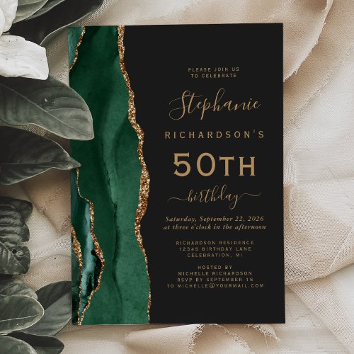 Emerald Green Gold Agate Dark 50th Birthday Party Invitation