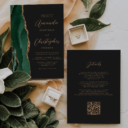 Emerald Green Gold Agate Dark QR Code Wedding Invitation