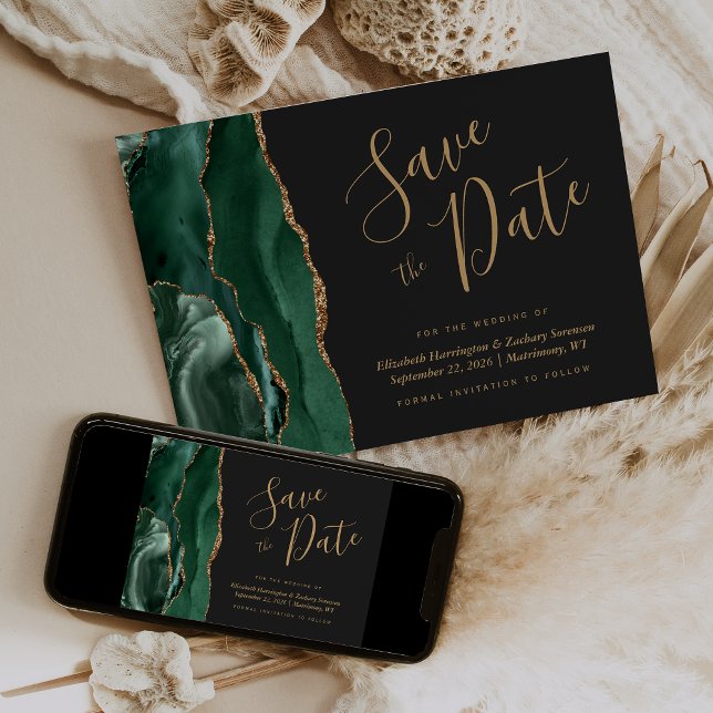 Emerald Green Gold Agate Dark Save the Date Card (Creator Uploaded)