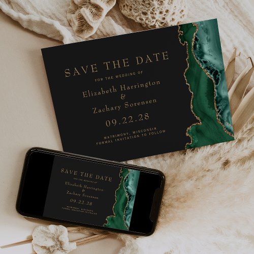 Emerald Green Gold Agate Dark Save the Date Card