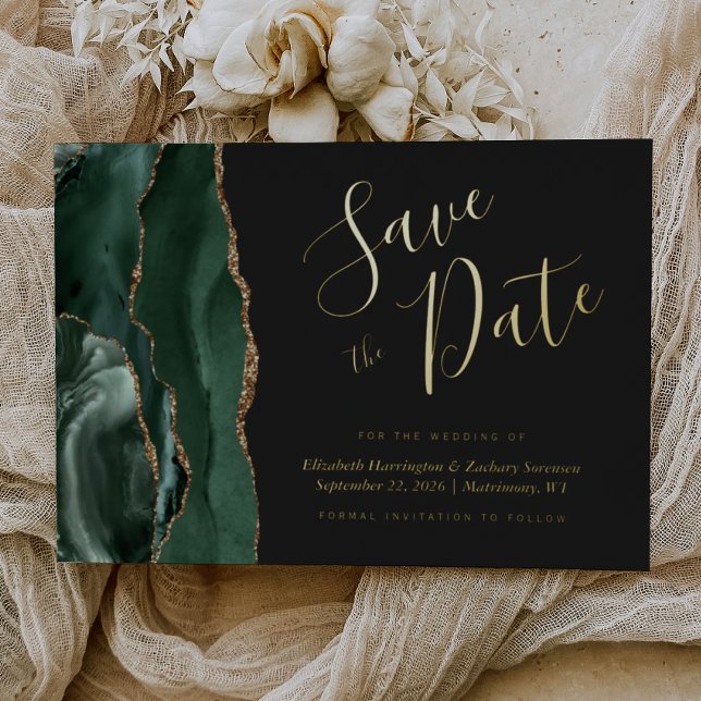 Emerald Green Gold Agate Dark Save the Date Foil Invitation (Creator Uploaded)