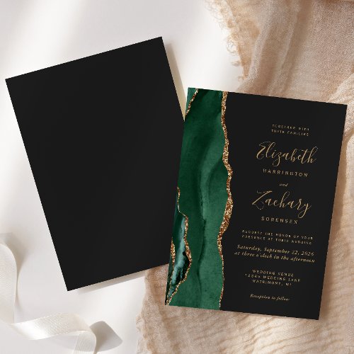 Emerald Green Gold Agate Dark Wedding Invitation