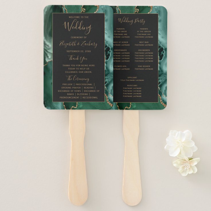 Emerald Green Gold Agate Dark Wedding Program Hand Fan | Zazzle